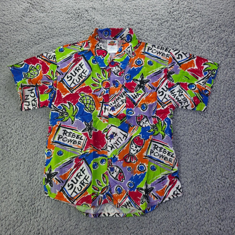 Little Rebels Kids Size 7 90s Surf Turf Graphic Rayon Button Up Shirt Multicolor